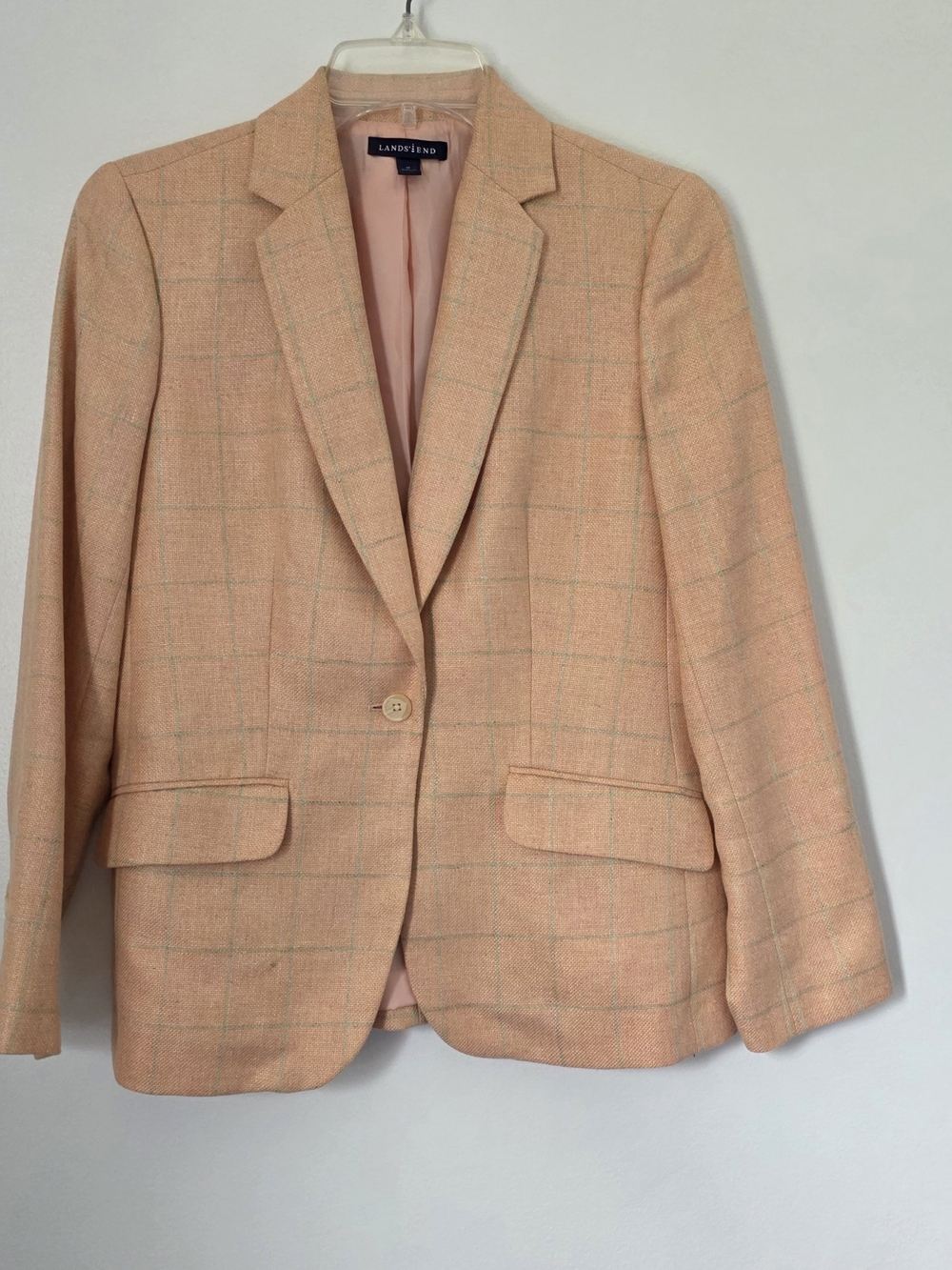 Lands’ End Wool Silk Linen Plaid Blazer Peach Petite 4P